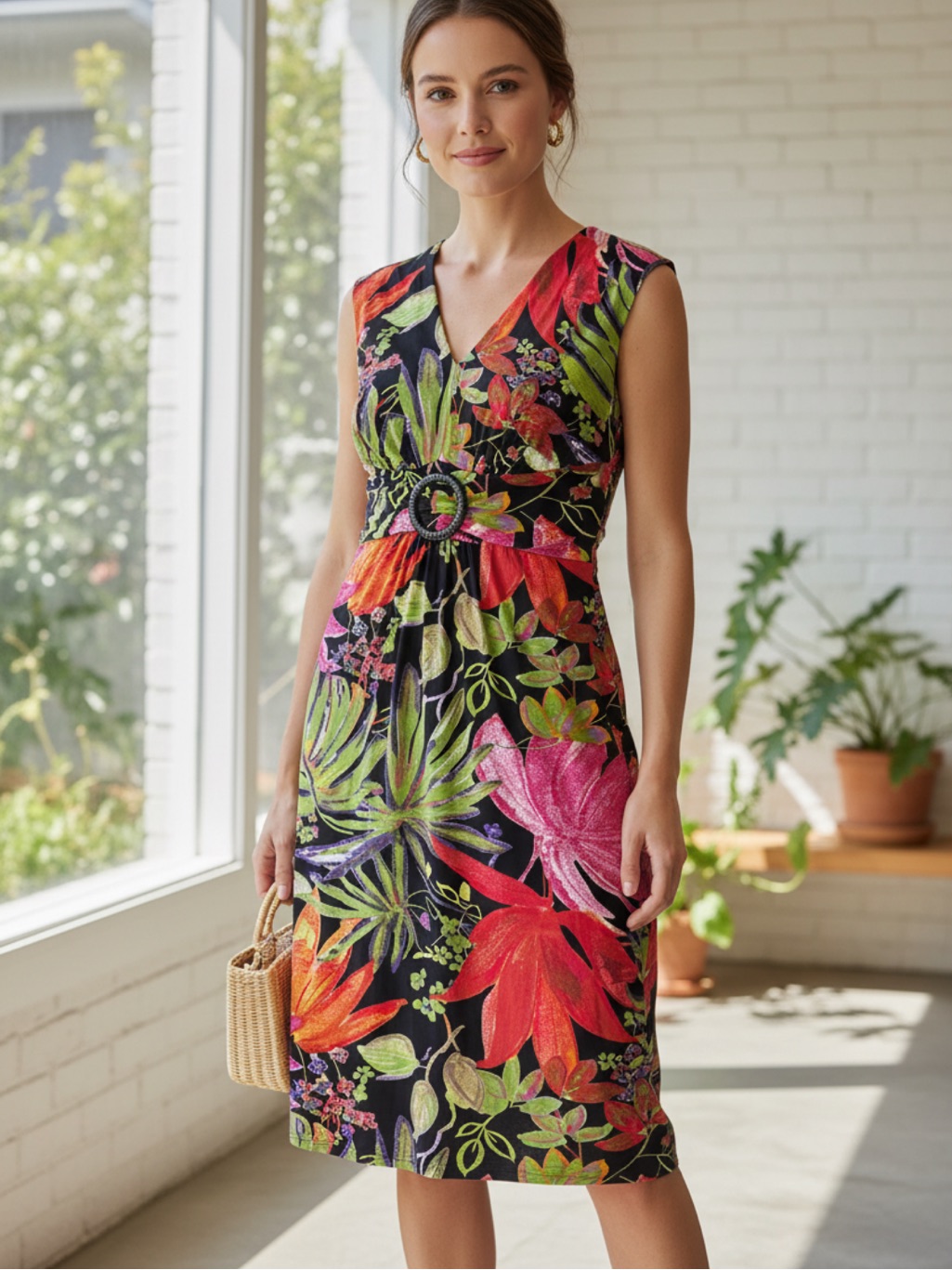 Joseph Ribkoff Floral V-Neck Belted Sheath Dress Black Multicolor 10